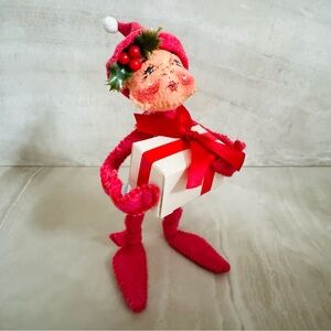 Vintage Elf Annalee Doll 6” with ribbon wrapped present- USA Made Pixie Tag